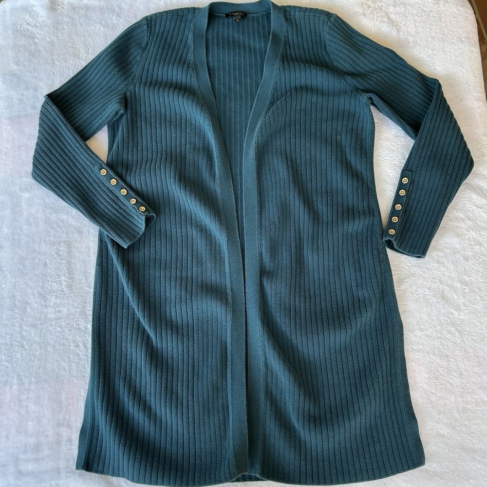 Talbots Petite Small Teal Ribbed Cardigan Sweater Open Front, Button Detail